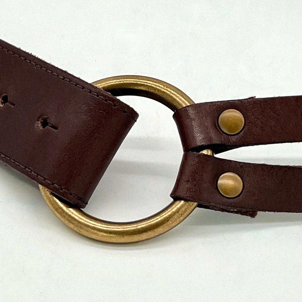 Fossil Womens Sz S Brown Leather Belt Studded Ring Loop Closure Double Strap New